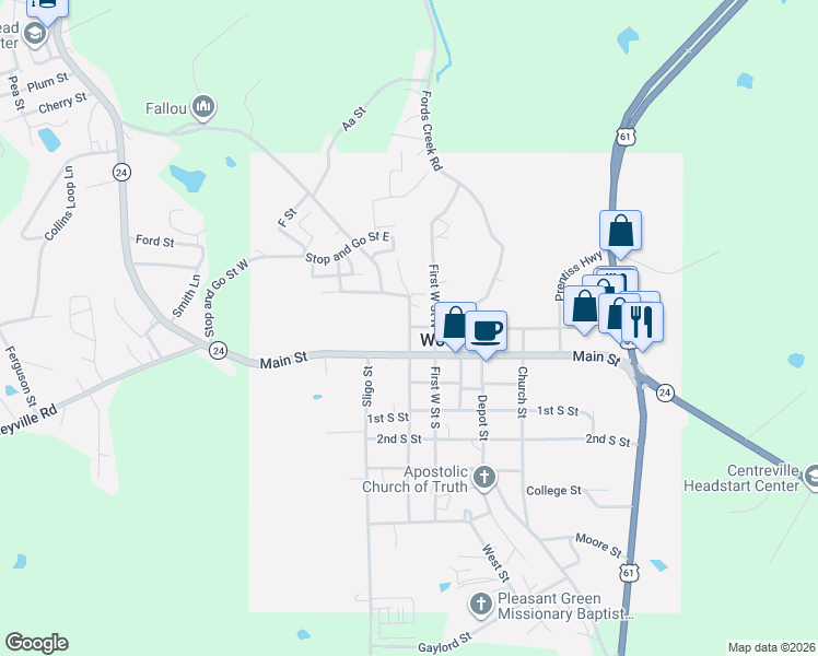 map of restaurants, bars, coffee shops, grocery stores, and more near 201-1013 Natchez Street North in Woodville