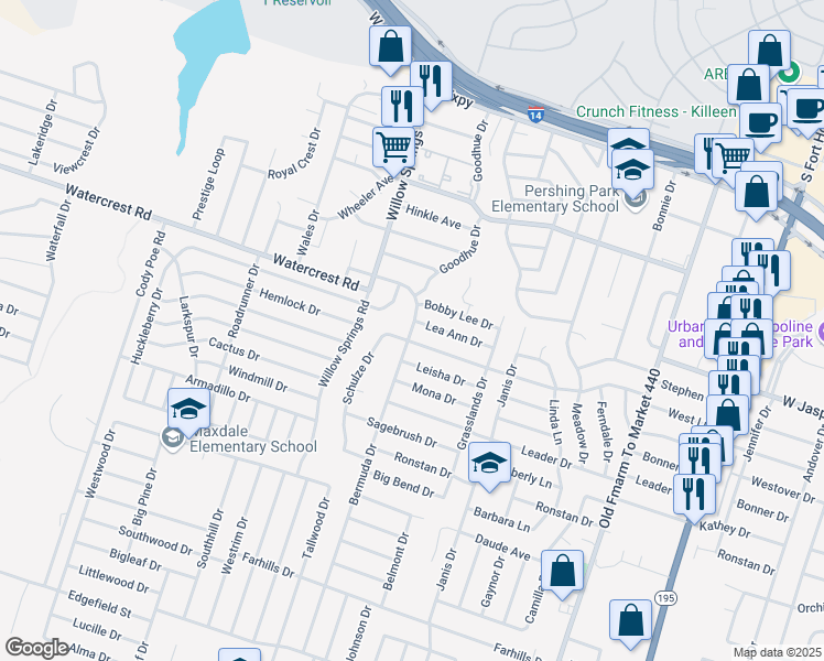 map of restaurants, bars, coffee shops, grocery stores, and more near 204 Cliffhouse Drive in Killeen