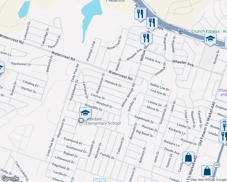 map of restaurants, bars, coffee shops, grocery stores, and more near 2406 Woodlands Drive in Killeen