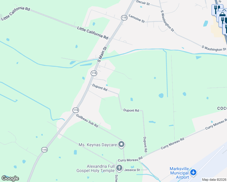 map of restaurants, bars, coffee shops, grocery stores, and more near 101-199 Dupont Road in Mansura