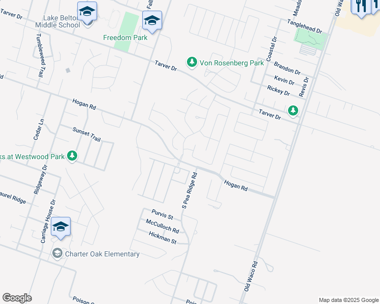 map of restaurants, bars, coffee shops, grocery stores, and more near 1411 Westwood Hills Boulevard in Temple