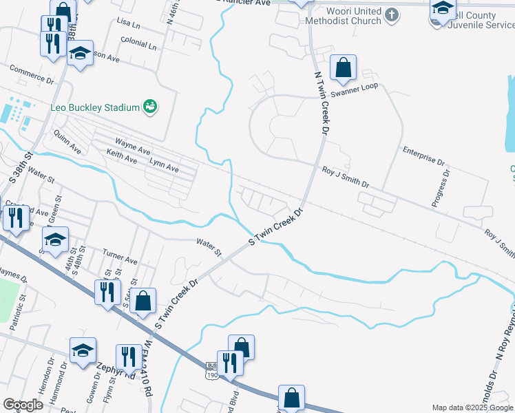 map of restaurants, bars, coffee shops, grocery stores, and more near 101 South Twin Creek Drive in Killeen