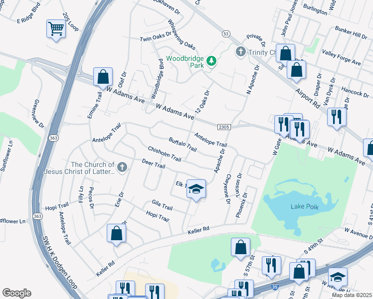 map of restaurants, bars, coffee shops, grocery stores, and more near 200 Blackfoot Drive in Temple