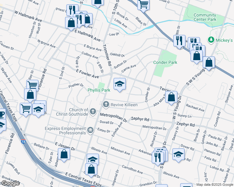 map of restaurants, bars, coffee shops, grocery stores, and more near 1020 Trimmier Road in Killeen