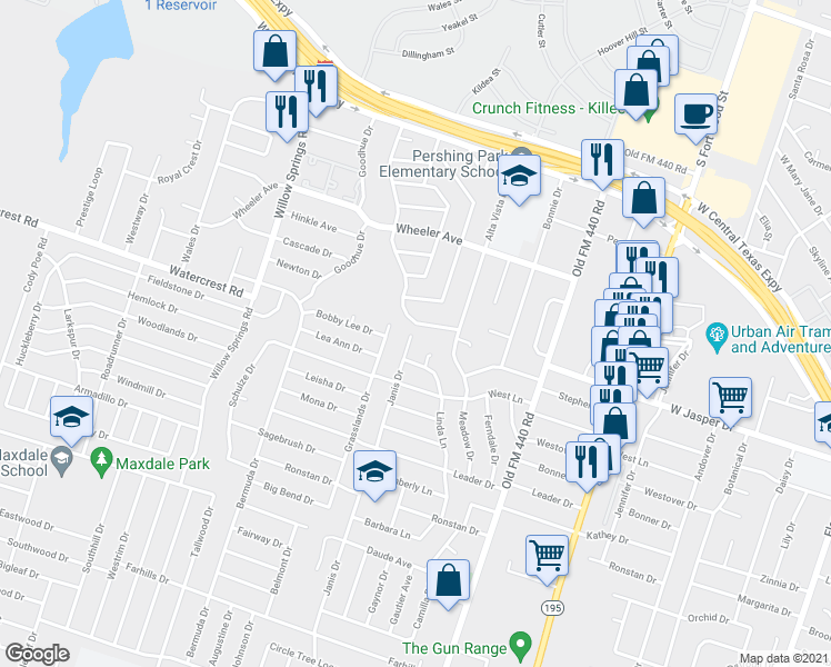 map of restaurants, bars, coffee shops, grocery stores, and more near 1227 Meadow Drive in Killeen