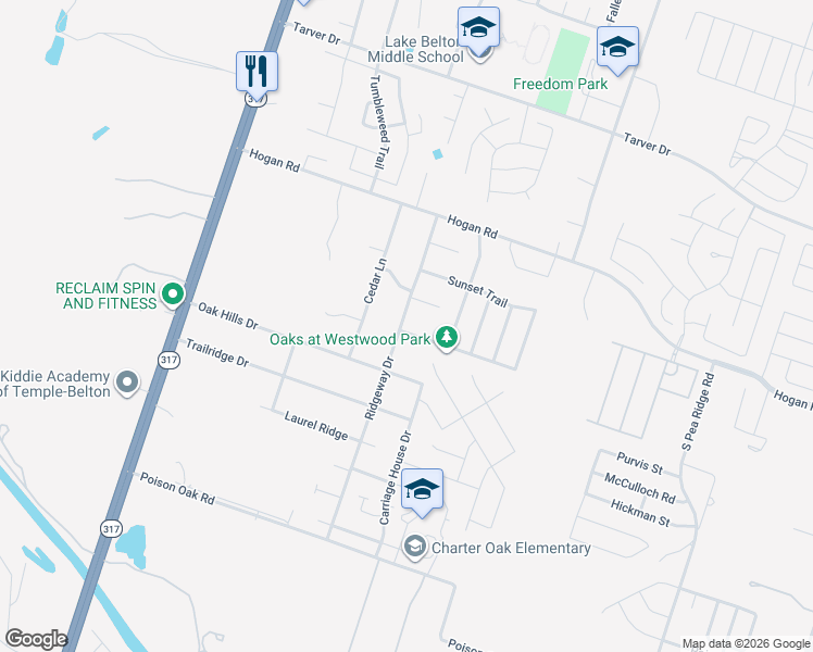 map of restaurants, bars, coffee shops, grocery stores, and more near 1716 Ridgeway Drive in Temple