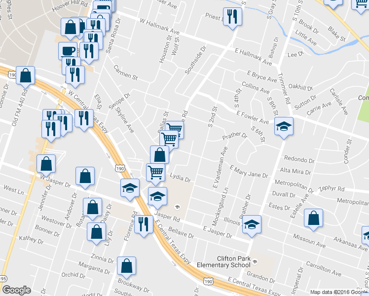 map of restaurants, bars, coffee shops, grocery stores, and more near 203 West Mary Jane Drive in Killeen