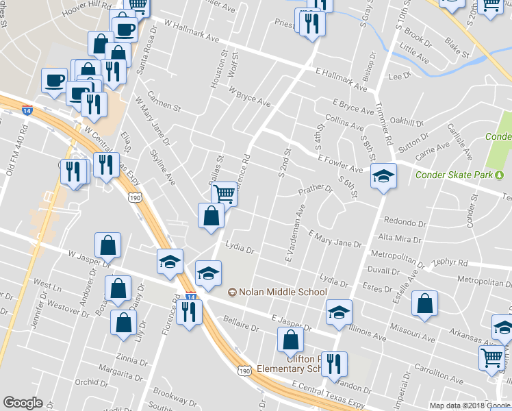 map of restaurants, bars, coffee shops, grocery stores, and more near 1410 Van Zanten Court in Killeen