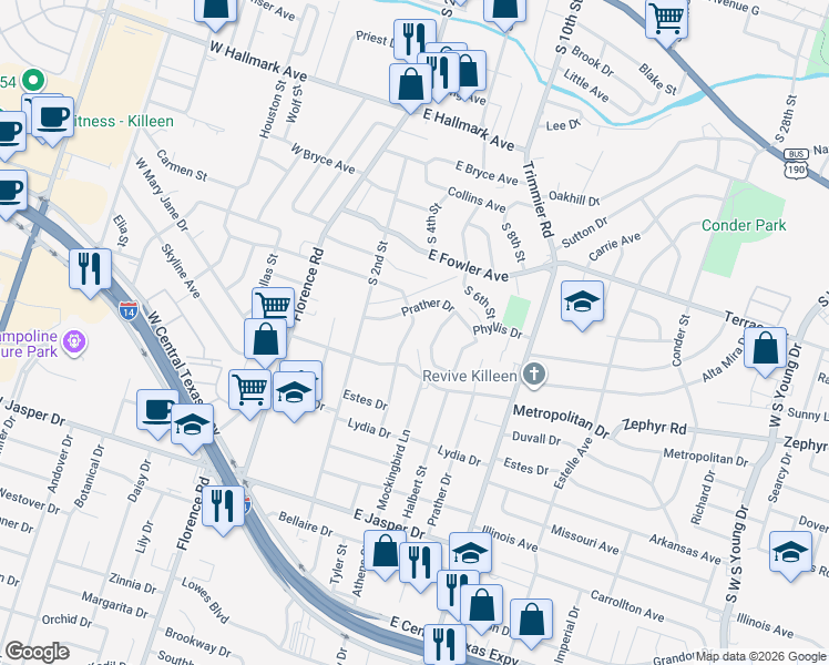 map of restaurants, bars, coffee shops, grocery stores, and more near 311 Currie Avenue in Killeen
