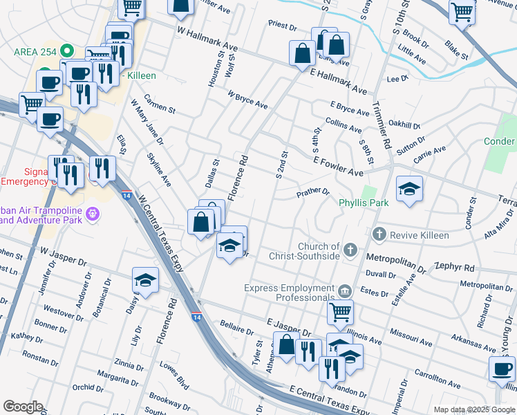 map of restaurants, bars, coffee shops, grocery stores, and more near 1408 Van Zanten Court in Killeen