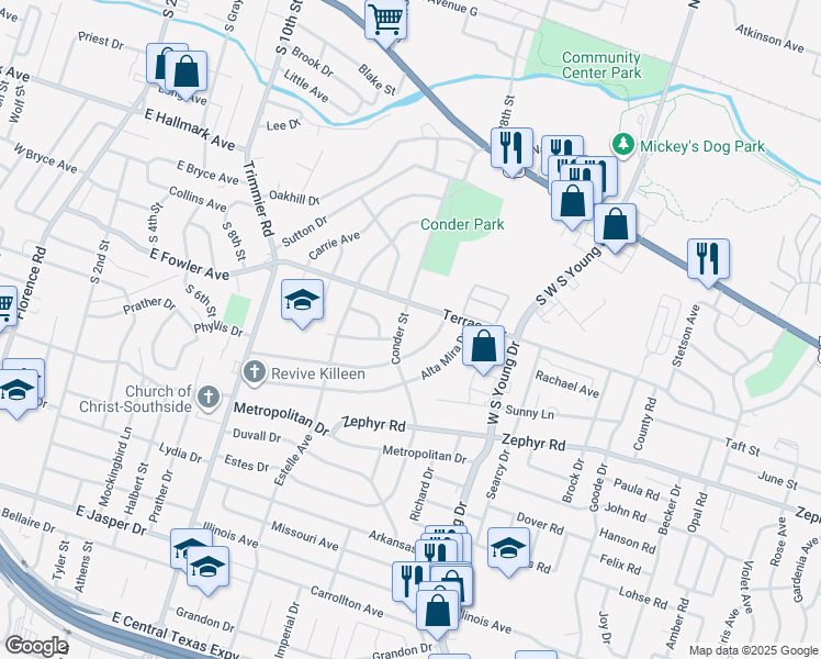 map of restaurants, bars, coffee shops, grocery stores, and more near 1006 Conder Street in Killeen