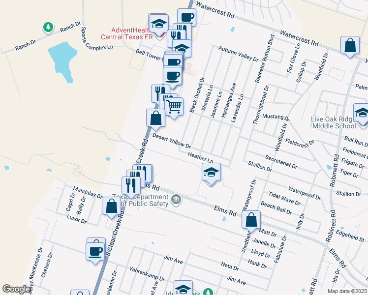map of restaurants, bars, coffee shops, grocery stores, and more near 3107 Wisteria Lane in Killeen