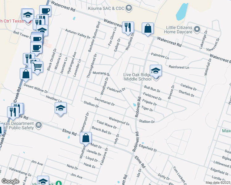 map of restaurants, bars, coffee shops, grocery stores, and more near 4306 Fieldcrest Drive in Killeen