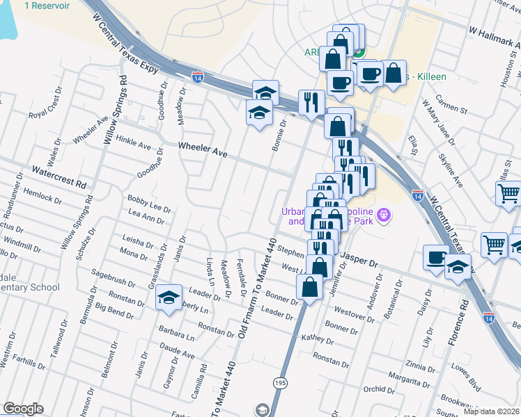 map of restaurants, bars, coffee shops, grocery stores, and more near 1216 Bonnie Drive in Killeen