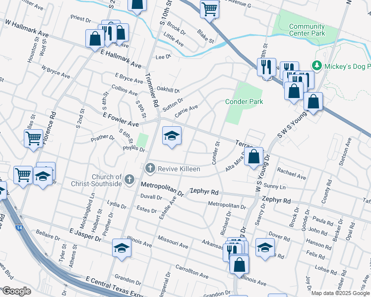 map of restaurants, bars, coffee shops, grocery stores, and more near 1105 Estelle Avenue in Killeen