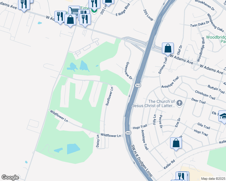 map of restaurants, bars, coffee shops, grocery stores, and more near 4707 Sunflower Lane in Temple