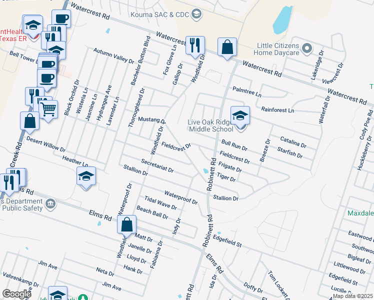 map of restaurants, bars, coffee shops, grocery stores, and more near 4215 Mustang Drive in Killeen