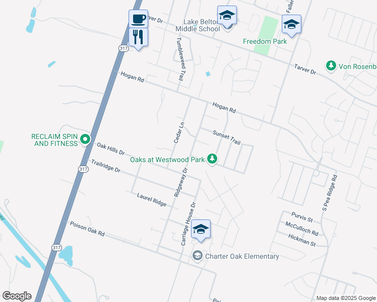 map of restaurants, bars, coffee shops, grocery stores, and more near 1720 Ridgeway Drive in Temple