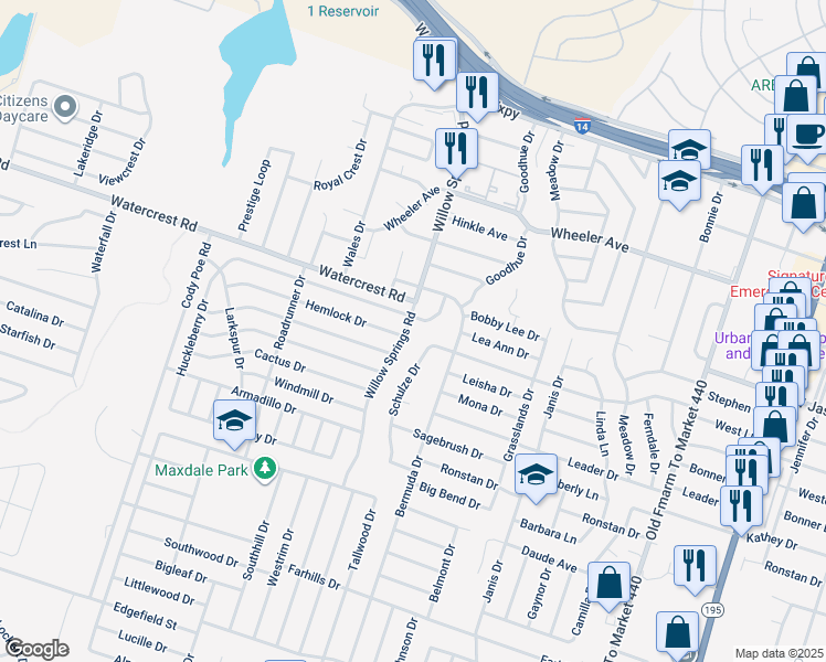 map of restaurants, bars, coffee shops, grocery stores, and more near 2014 Fieldstone Drive in Killeen