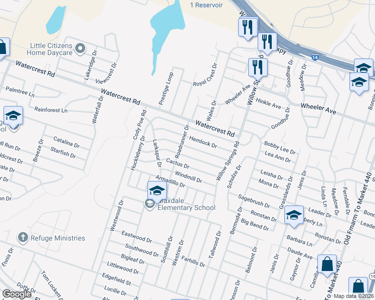 map of restaurants, bars, coffee shops, grocery stores, and more near 2604 Woodlands Drive in Killeen