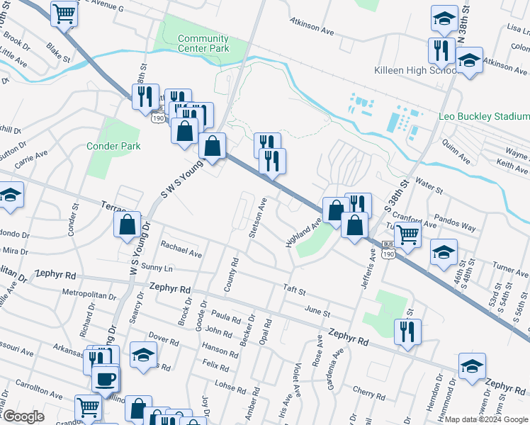 map of restaurants, bars, coffee shops, grocery stores, and more near 803 Stetson Avenue in Killeen