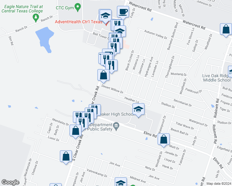 map of restaurants, bars, coffee shops, grocery stores, and more near 5106 Heather Lane in Killeen
