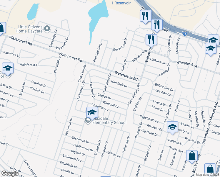 map of restaurants, bars, coffee shops, grocery stores, and more near 2604 Woodlands Drive in Killeen