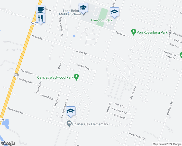 map of restaurants, bars, coffee shops, grocery stores, and more near 1615 Oak Chase Trail in Temple