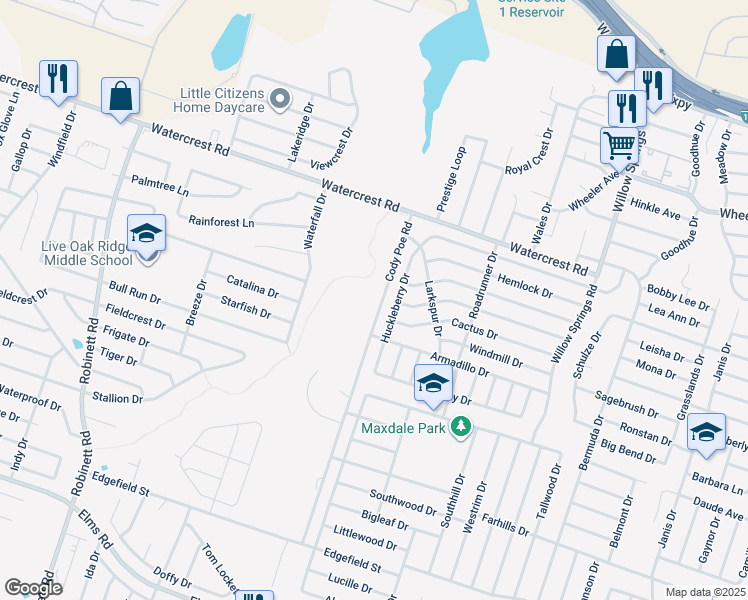 map of restaurants, bars, coffee shops, grocery stores, and more near 2505 Huckleberry Drive in Killeen
