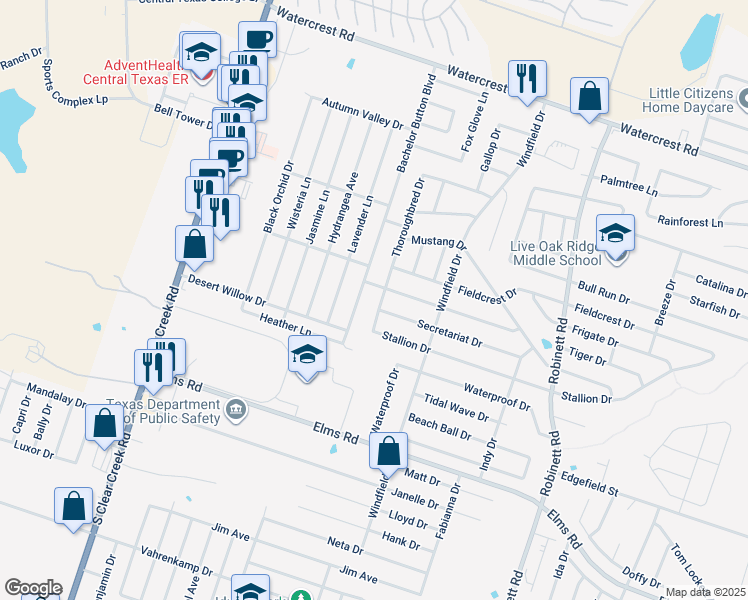 map of restaurants, bars, coffee shops, grocery stores, and more near 3005 Thoroughbred Drive in Killeen