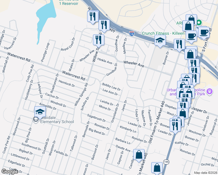 map of restaurants, bars, coffee shops, grocery stores, and more near 1706 Bobby Lee Drive in Killeen