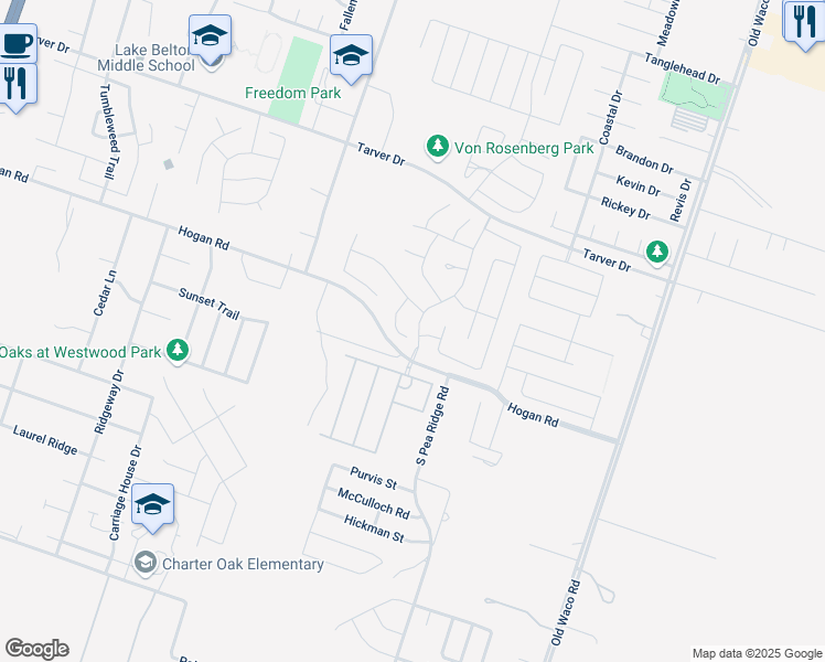 map of restaurants, bars, coffee shops, grocery stores, and more near 1411 Westwood Hills Boulevard in Temple