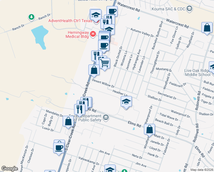 map of restaurants, bars, coffee shops, grocery stores, and more near 5106 Heather Lane in Killeen