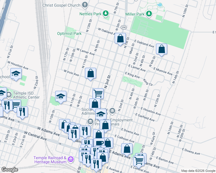 map of restaurants, bars, coffee shops, grocery stores, and more near 817 N 3rd St in Temple