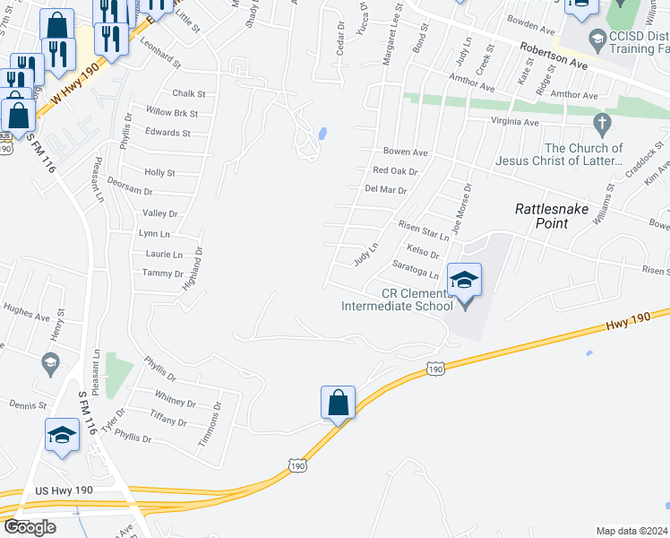 map of restaurants, bars, coffee shops, grocery stores, and more near 1504 Margaret Lee Street in Copperas Cove