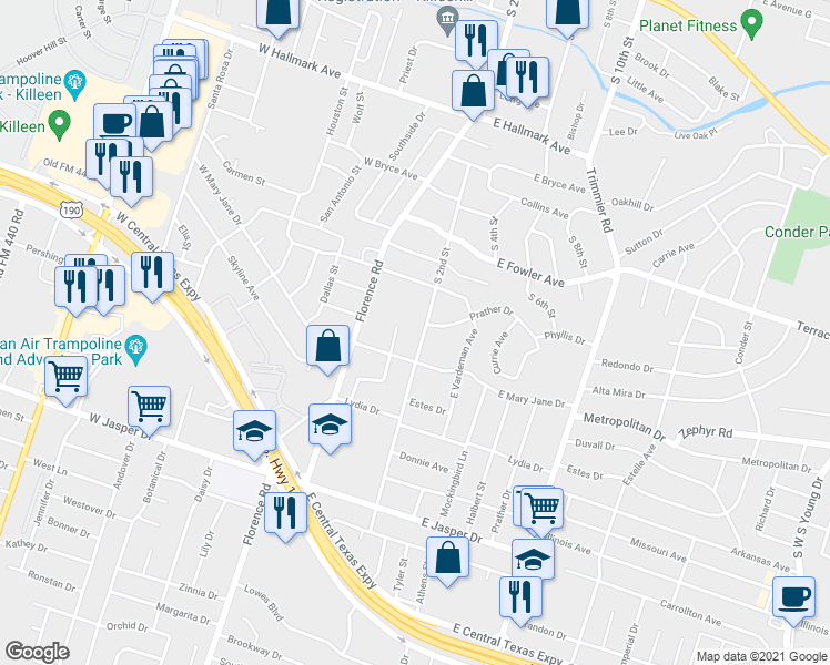 map of restaurants, bars, coffee shops, grocery stores, and more near 1403 South 2nd Street in Killeen