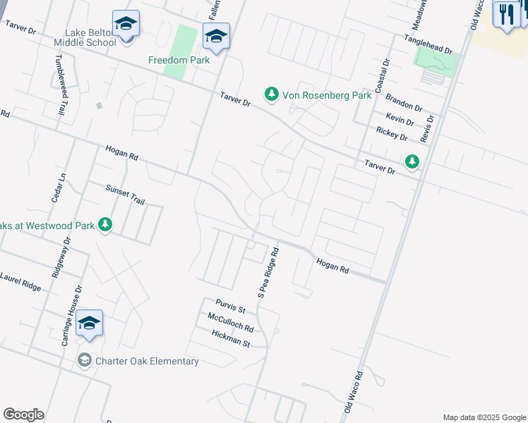 map of restaurants, bars, coffee shops, grocery stores, and more near 1411 Westwood Hills Boulevard in Temple