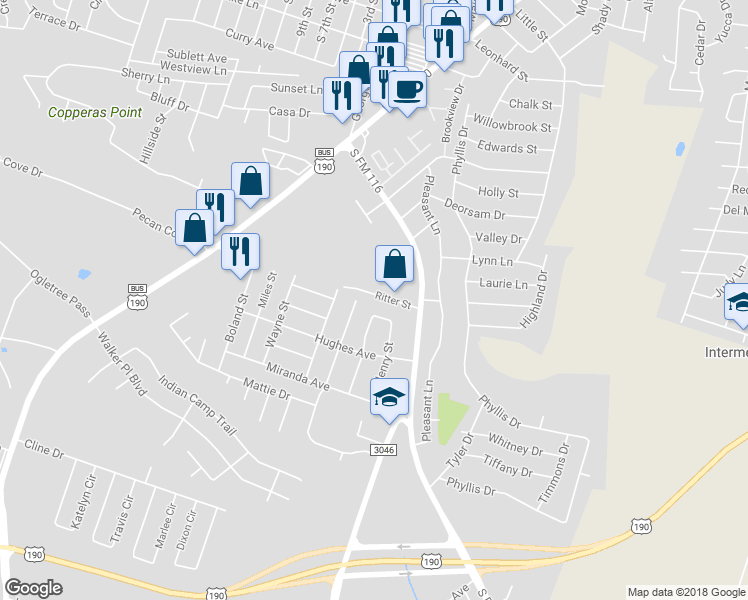 map of restaurants, bars, coffee shops, grocery stores, and more near 1214 Ritter Street in Copperas Cove