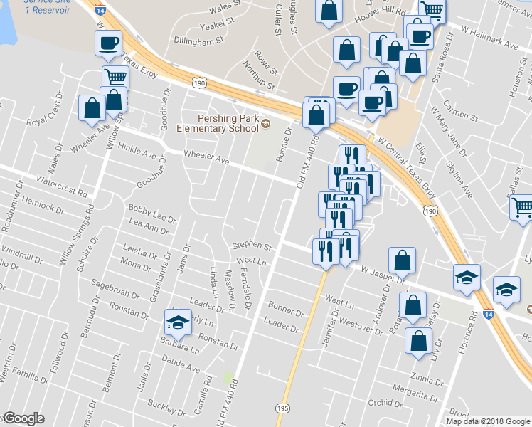 map of restaurants, bars, coffee shops, grocery stores, and more near 1216 Bonnie Drive in Killeen