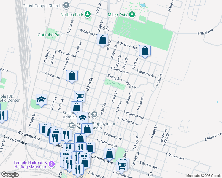 map of restaurants, bars, coffee shops, grocery stores, and more near 915 South 2nd Street in Temple