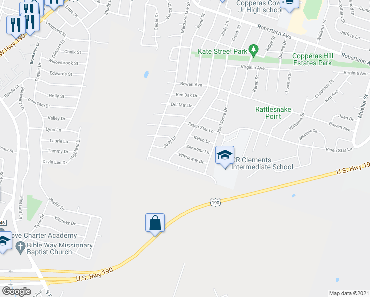 map of restaurants, bars, coffee shops, grocery stores, and more near 902 Saratoga Lane in Copperas Cove