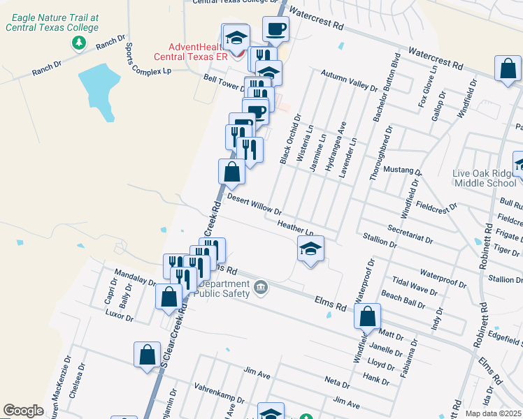 map of restaurants, bars, coffee shops, grocery stores, and more near 5106 Heather Lane in Killeen