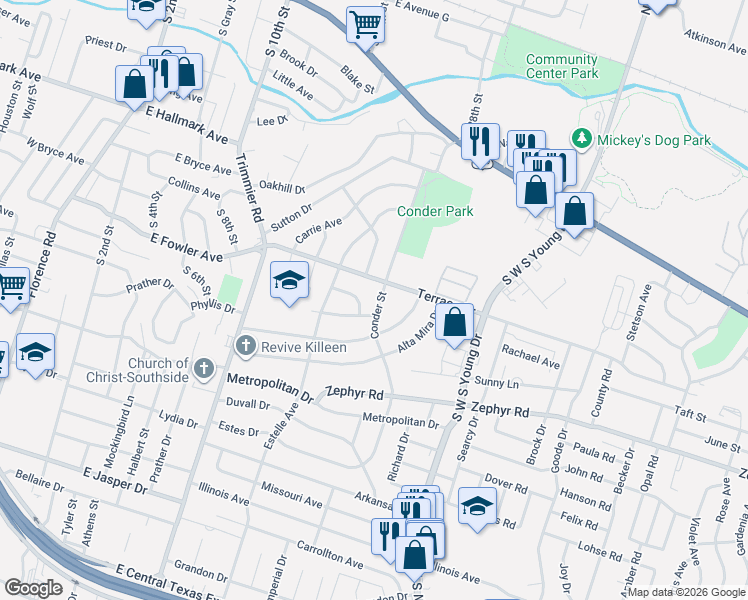 map of restaurants, bars, coffee shops, grocery stores, and more near 1401 Chico Court in Killeen
