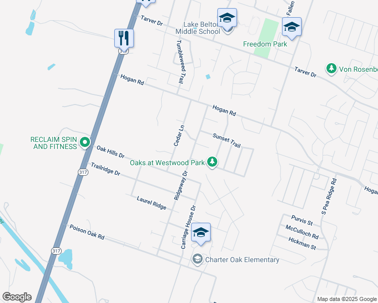 map of restaurants, bars, coffee shops, grocery stores, and more near 1716 Ridgeway Drive in Temple