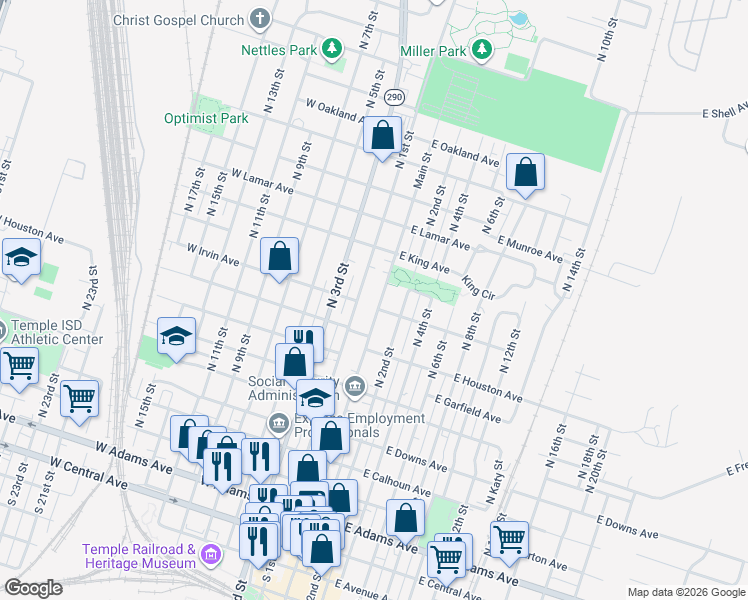 map of restaurants, bars, coffee shops, grocery stores, and more near 904 Main Street in Temple