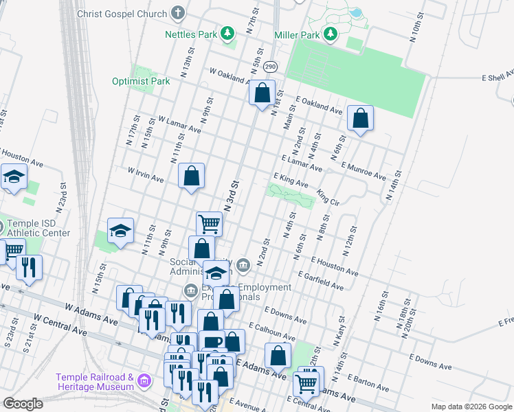 map of restaurants, bars, coffee shops, grocery stores, and more near 904 North Main Street in Temple