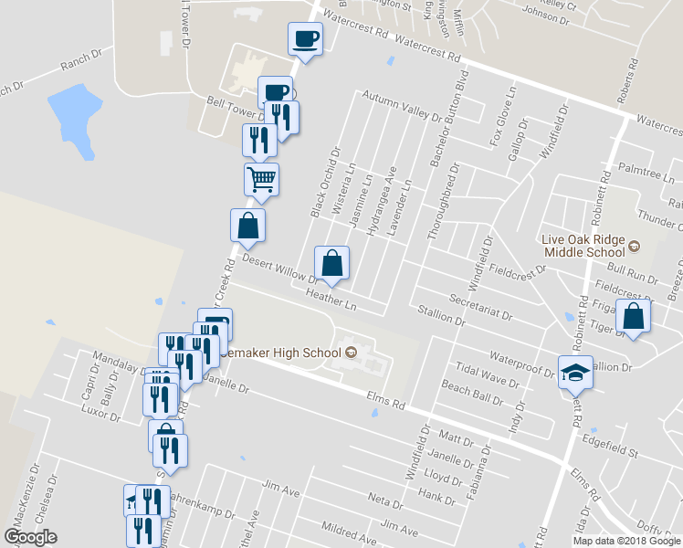 map of restaurants, bars, coffee shops, grocery stores, and more near 3102 Jasmine Lane in Killeen