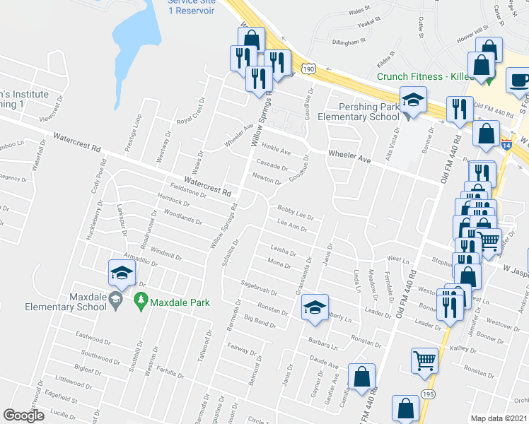 map of restaurants, bars, coffee shops, grocery stores, and more near 204 Cliffhouse Drive in Killeen