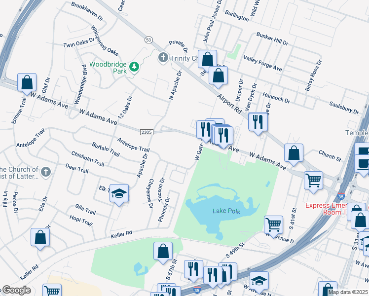 map of restaurants, bars, coffee shops, grocery stores, and more near 3011 West Adams Avenue in Temple