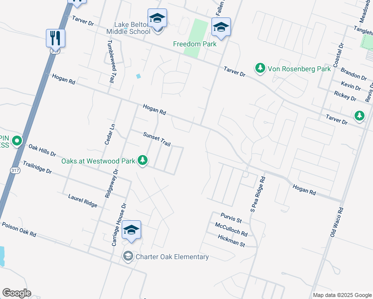 map of restaurants, bars, coffee shops, grocery stores, and more near 1603 Wood Creek Drive in Temple